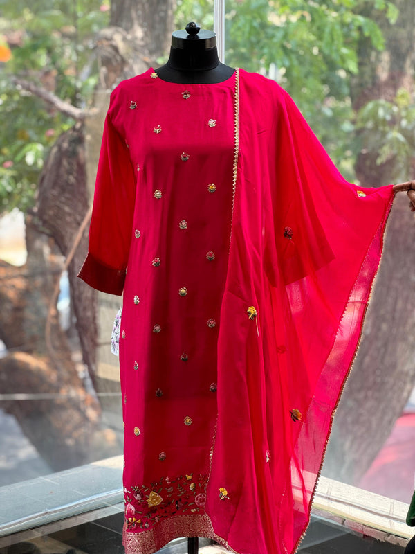 Red Colourful Thread Embroidered Suit Set