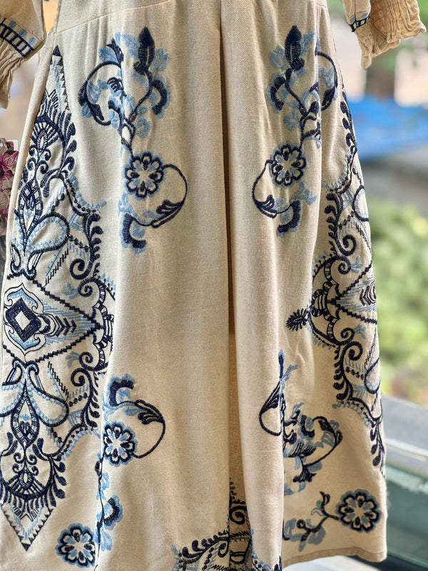 Off White Blue Embroidered Tunic