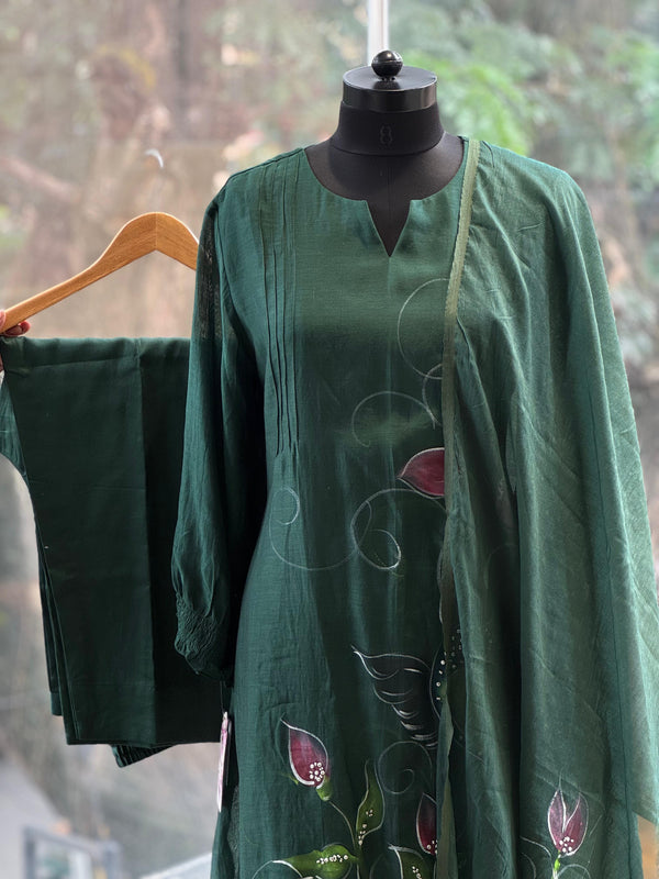 Green Painted Dupatta set