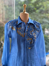 Blue Organza Shirt & Pleated Skirt Set with Applique Detail
