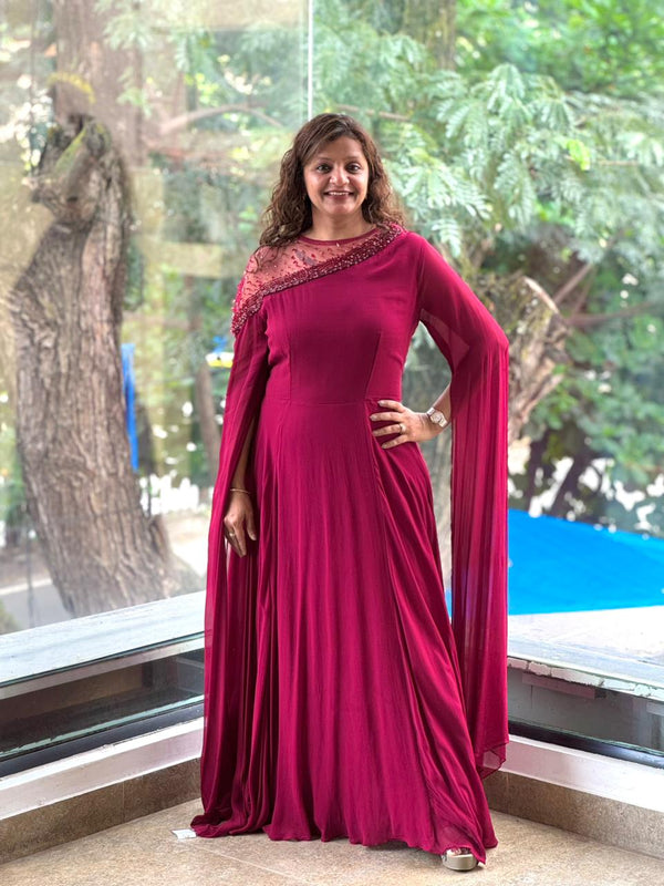 Maroon Tail Sleeves Gown