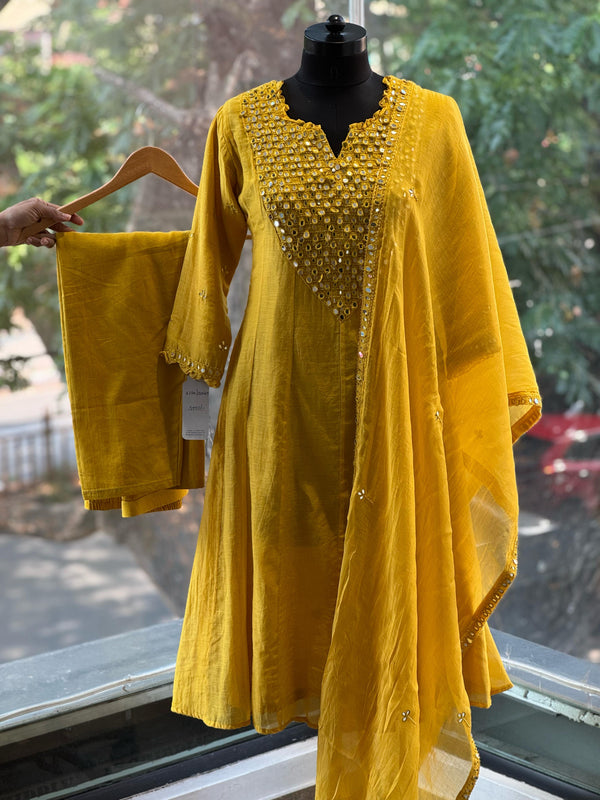 Yellow Mirror Work Dupatta Set