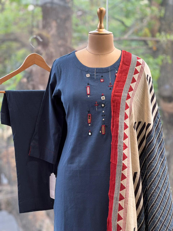 Blue Mirror Work Dupatta Set