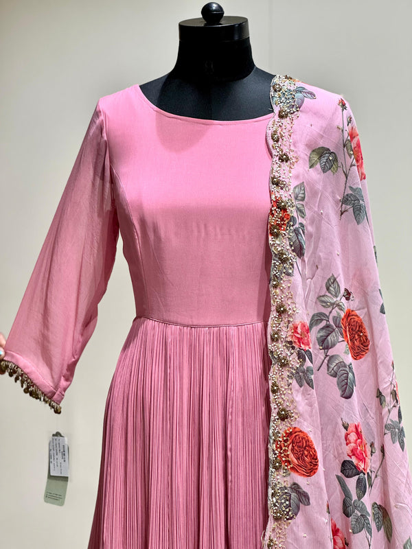 Pink Anarkali with Floral Dupatta