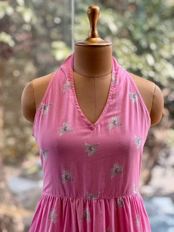 Pink Mul Halter Neck Dress
