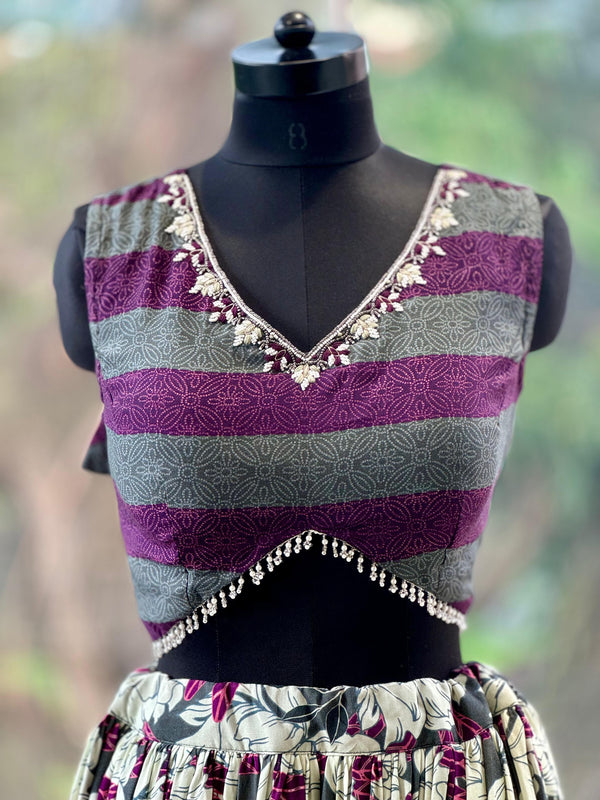Grey/Purple Floral Lehenga Set