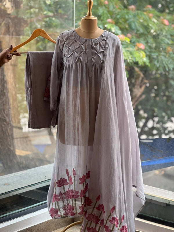 Grey Lotus Embroidery Dupatta Set
