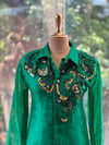 Emerald Green Organza Shirt & Pleated Skirt Set with Applique Detail