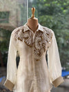 Beige Organza Shirt & Pleated Skirt Set with Applique Detail
