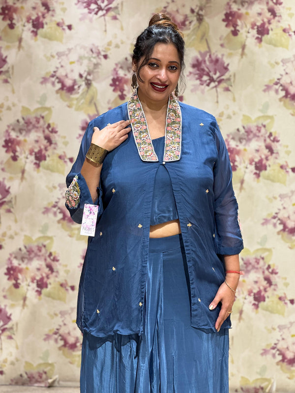 Blue Embroidered Jacket Set