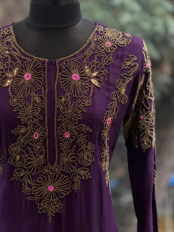 Purple Gold Beads Work Suit