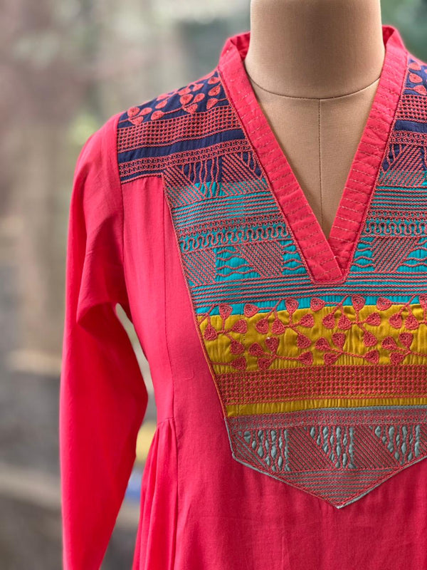 Pink Patch Work Yoke Suit
