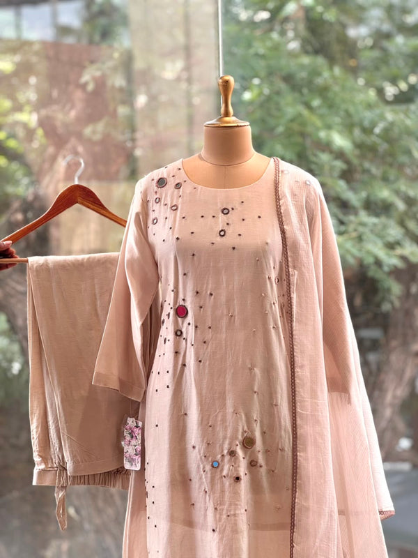 Beige Mirror Work Suit