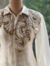 Beige Organza Shirt & Pleated Skirt Set with Applique Detail