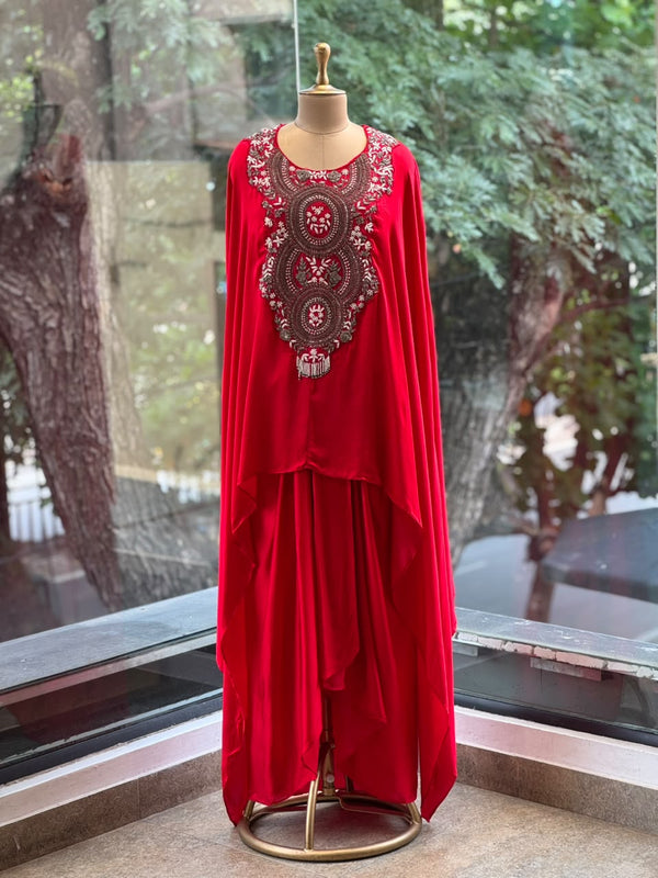 Red Intricate Yoke Cape Set