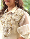 Beige Organza Shirt & Pleated Skirt Set with Applique Detail