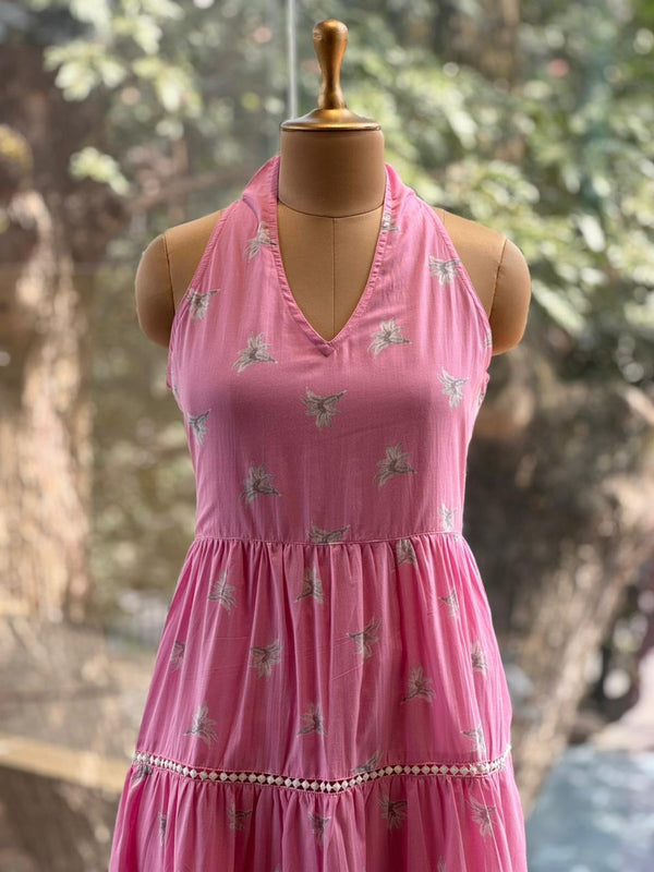 Pink Mul Halter Neck Dress
