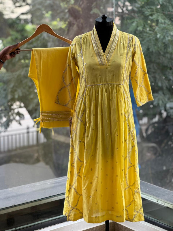 Yellow Tari work Kurta Set