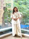 Beige Organza Shirt & Pleated Skirt Set with Applique Detail