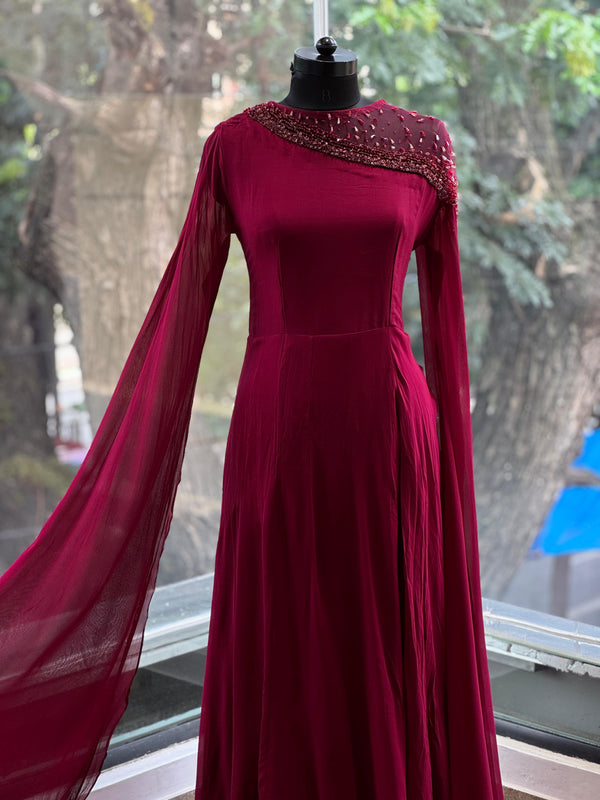 Maroon Tail Sleeves Gown