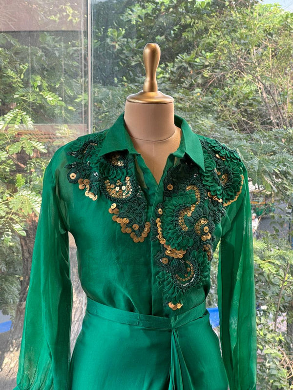Emerald Green Organza Shirt & Pleated Skirt Set with Applique Detail