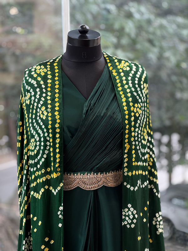 Green Bandhej Cape Set