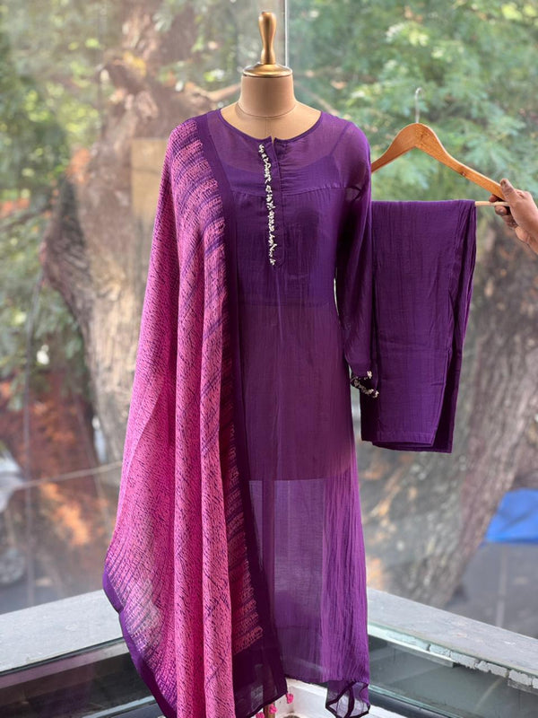 Purple Mul Suit with Shibori Dupatta