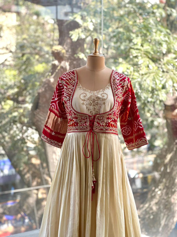Crean/Red Bandhej Gown