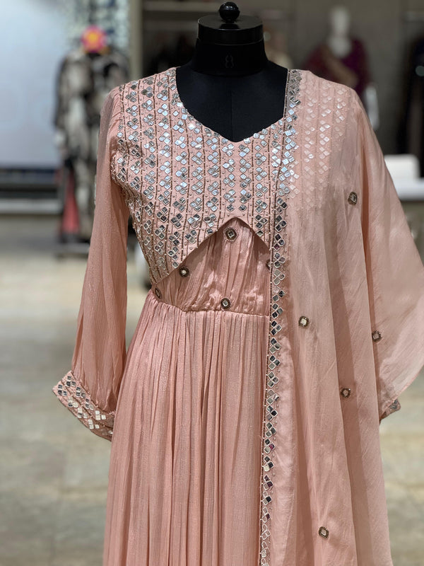 Peach Mirror Work Gown