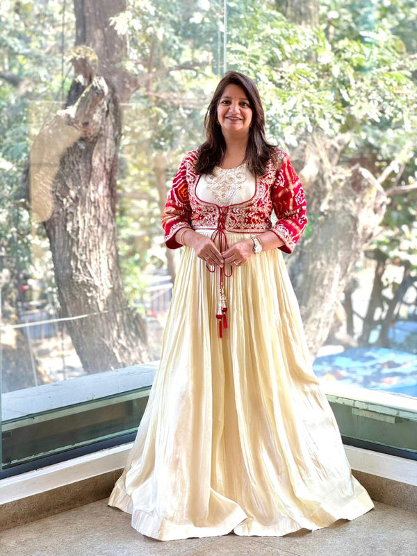 Crean/Red Bandhej Gown