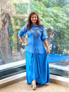 Blue Organza Shirt & Pleated Skirt Set with Applique Detail