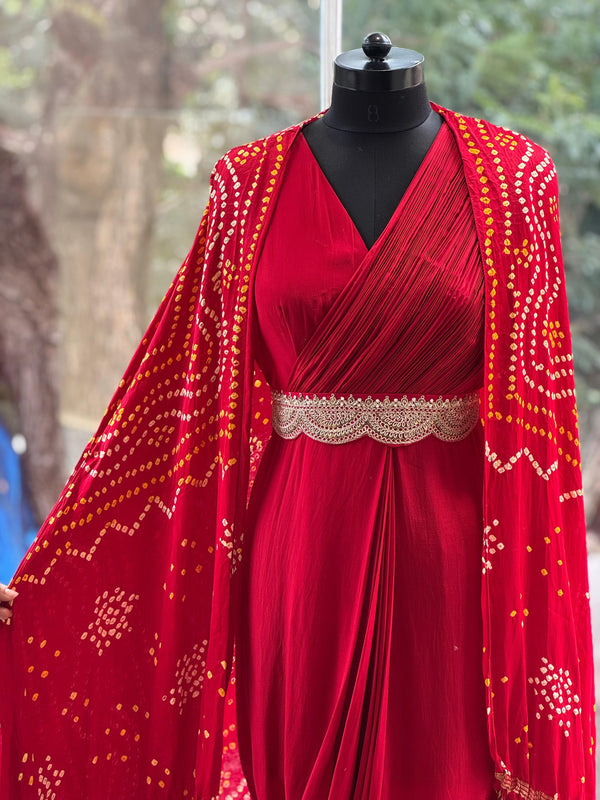 Red Bandhej Cape Set