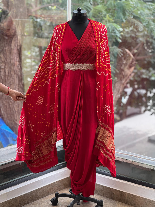 Red Bandhej Cape Set