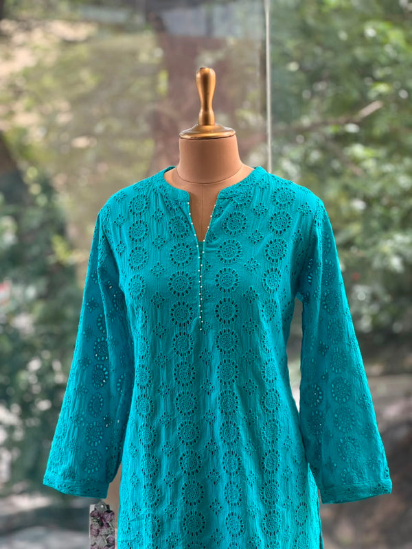 Pure Cotton Schiffli Farshi Kurta Set with Printed Pants