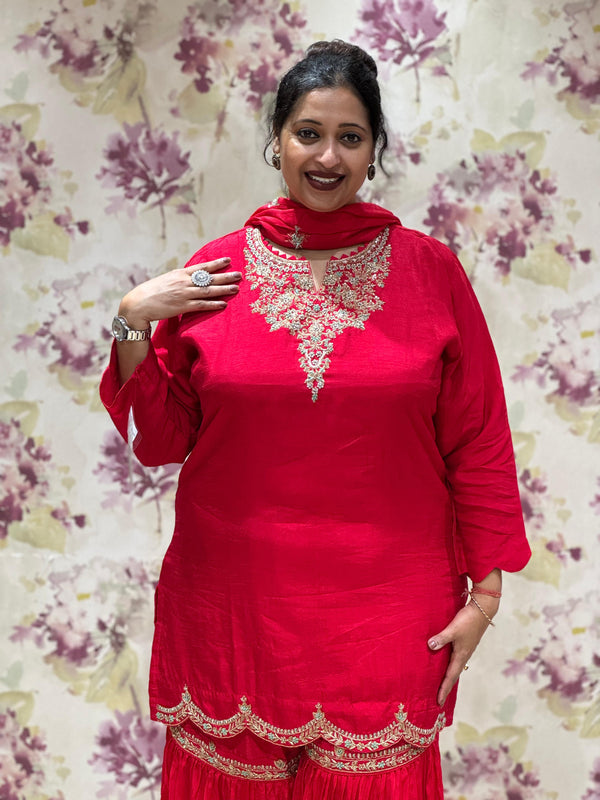 Red Intricate Yolk Sharara Set