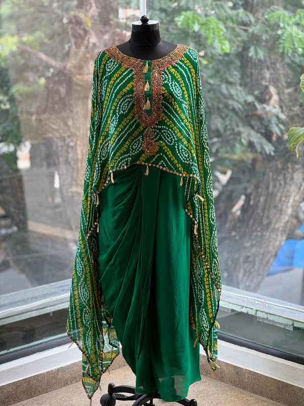 Green Bandhej Cape Set