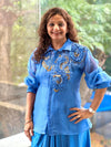 Blue Organza Shirt & Pleated Skirt Set with Applique Detail
