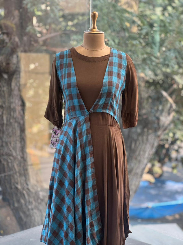 Brown Checks Asymmetrical Dress
