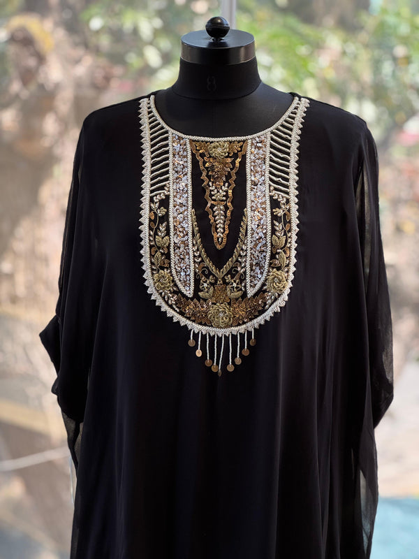 Black Intricate Yolk Kaftan Set