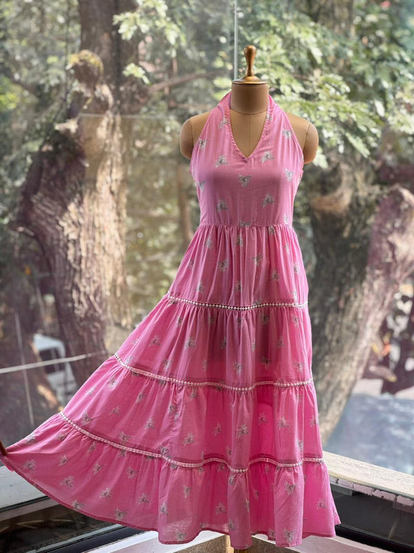 Pink Mul Halter Neck Dress