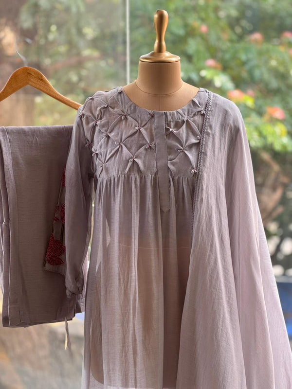 Grey Lotus Embroidery Dupatta Set