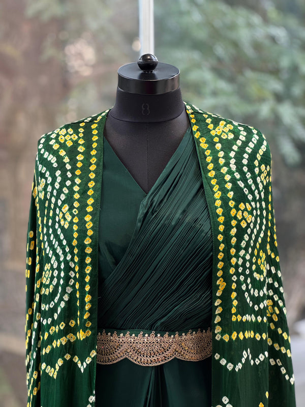 Green Bandhej Cape Set
