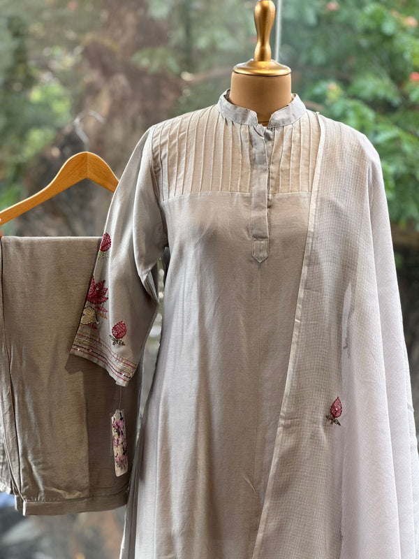 Grey Chanderi Silk Dupatta Set