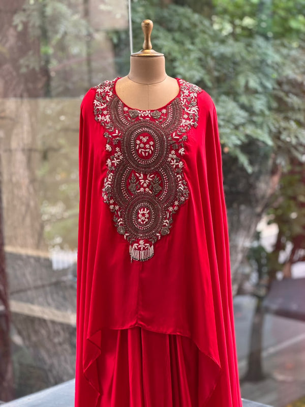 Red Intricate Yoke Cape Set