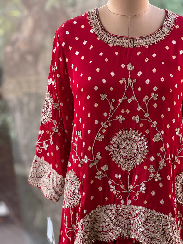 Red Bandhej Skirt Set