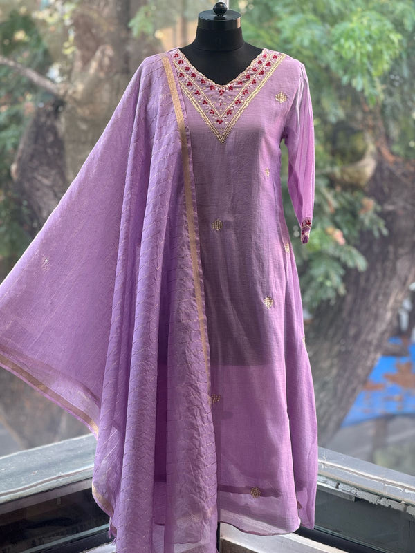 Mauve Mul Chanderi Dupatta Set