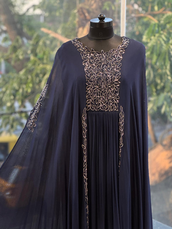 Navy Blue Pipe Work Gown