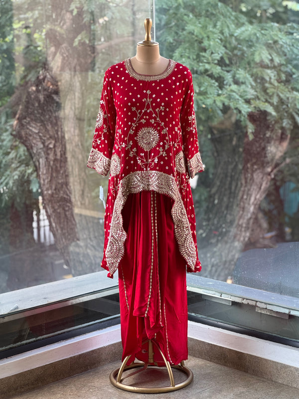 Red Bandhej Skirt Set