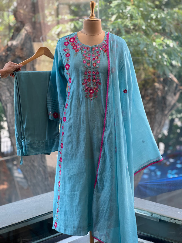 Blue Embroidered Mul Suit
