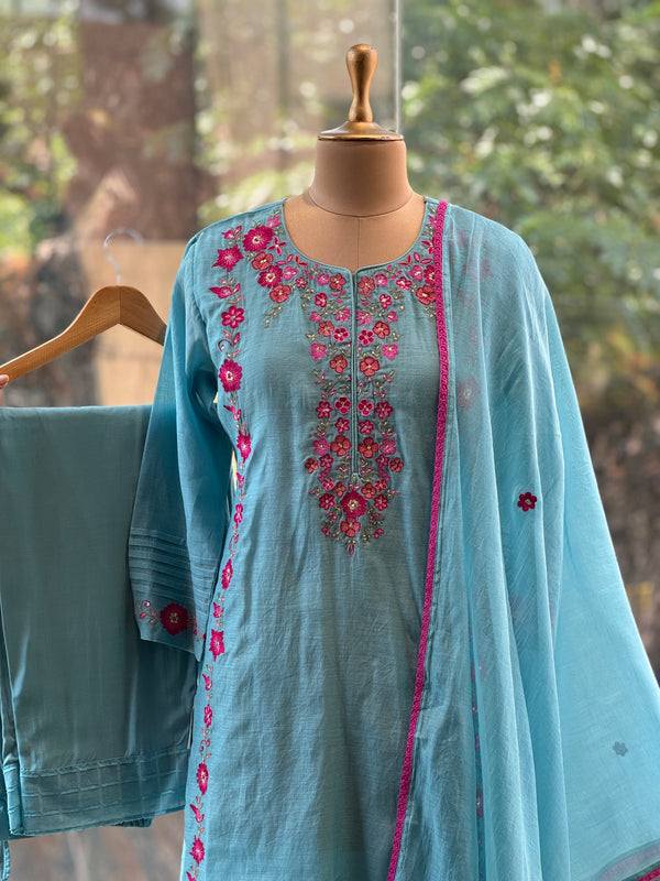 Blue Embroidered Mul Suit